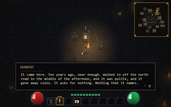 Herbert, the quest giver, on the thing that walked into the village ten years ago. Dialogue scrolls and pages; choices are numbered so they can be taken by keyboard or mouse.