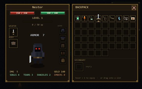 50-slot pack with equipment on the left and a live portrait. Slots 1–9 double as the hotbar, so what you see here is what your number keys do. Equipping swaps rather than discards.