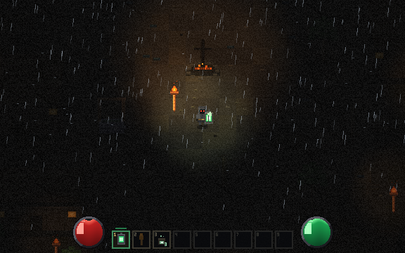 Godot 4.7 — the port. Village geometry, collision, the figure, lighting, weather and HUD all reproduced.