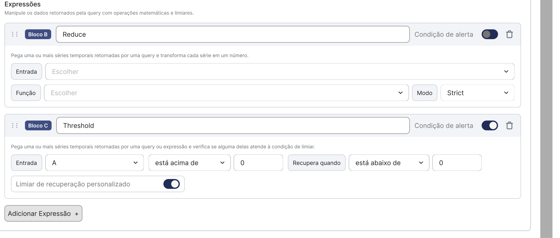 Composable expression blocks: reduce a series, then test it against a threshold.