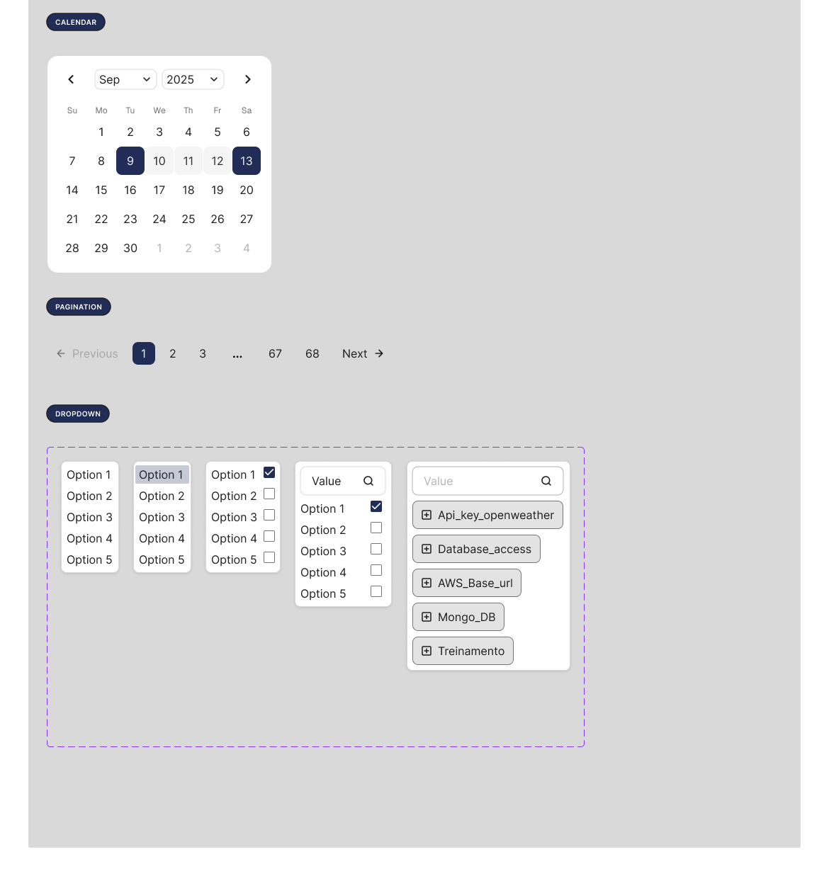 Date picker, pagination and dropdowns