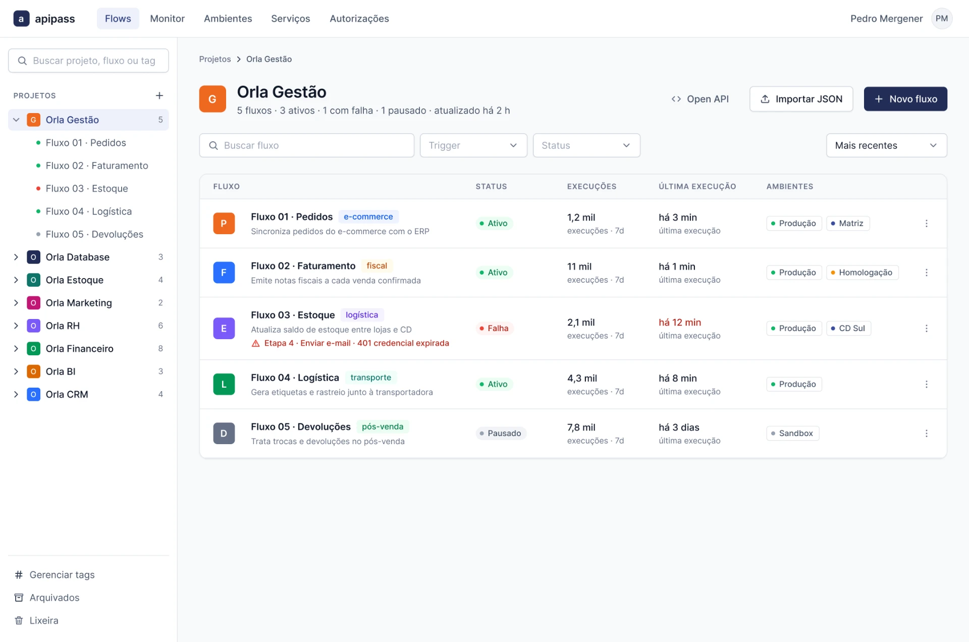Flow list — operational metadata and execution health surfaced before a flow is opened