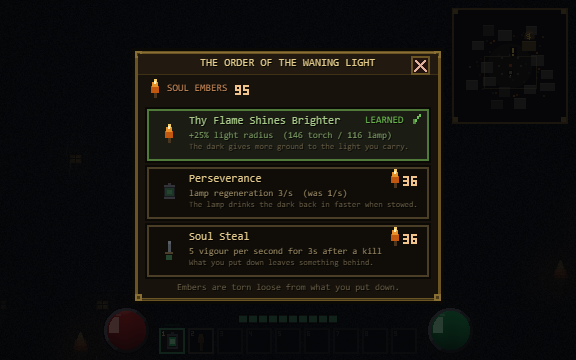 Three skills bought with soul embers, earned by killing. Cost is 30 base and compounds 20% per rank already owned, so breadth is cheaper than depth.