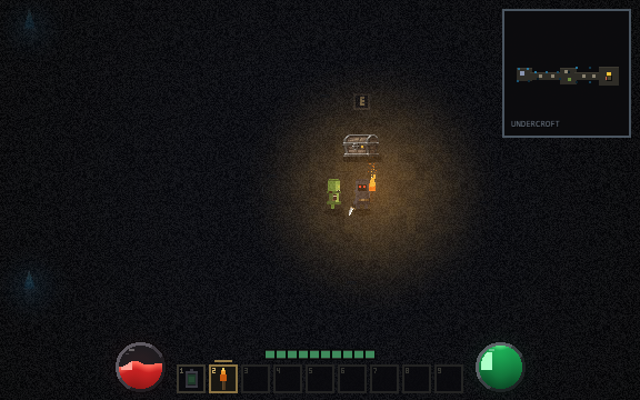 The undercroft. Torchlight only reaches so far, and the chest is a landmark you find by its glinting lock.