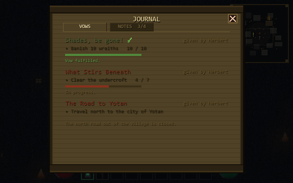 Vows and found notes on two tabs. Progress is shown against the requirement (4 / 7), not as a percentage — the player counts the same things the game counts.