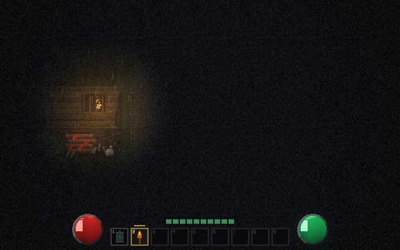 A ruined house on the road north, its door nailed shut and marked with wards. Placement of every prop is generated and validated by flood fill, never hand-typed.
