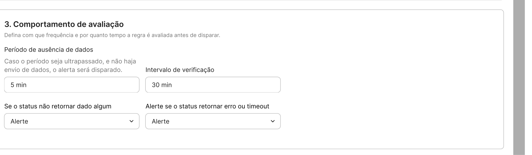 Evaluation window, check interval, and what happens when data goes missing.