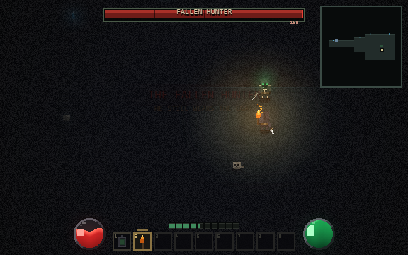 The Fallen Hunter, a mini-boss with a named health bar and a 0.37s telegraph. Stamina is down to four squares, health to 94/150.