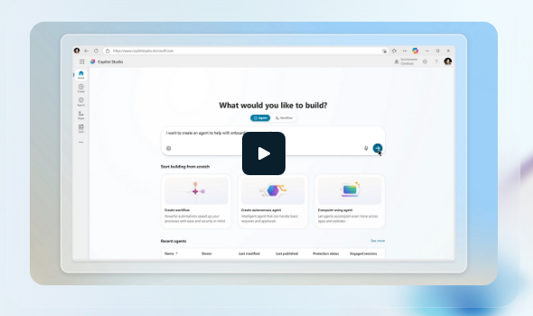 Copilot Studio product tour: “What would you like to build?” as the first move, with agent starters below — the pattern behind our own agent creation entry point